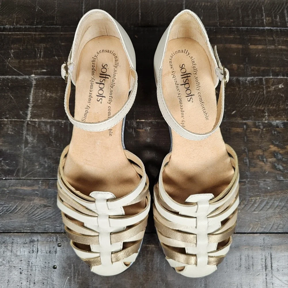 Softspots Womens 6.5 Tatianna Leather‎ Sandal Beige Gold Summer Shoes